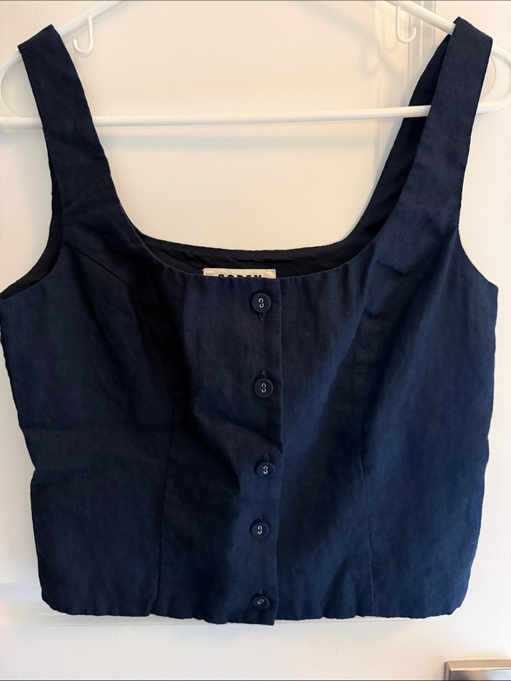 Boden Navy Button-Front Linen Square Neck Crop Tank